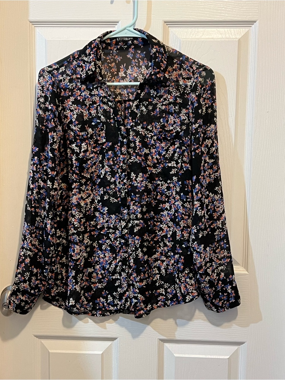 Express Black Floral Button-Down Shirt with Pink & Blue Accents